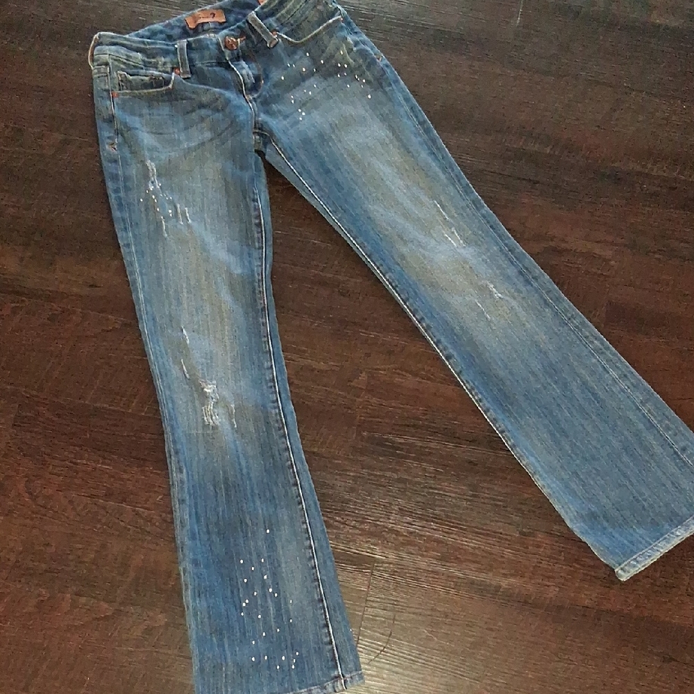 Seven7 Women's Blue Flare Jeans with Stud Accents